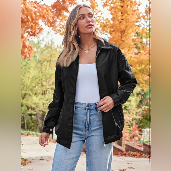 AUTOMET Oversized Faux Leather Jacket Fall Motorcycle Style Coat with Zipper - Picture 2 of 8